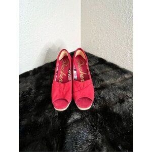 Skechers Shoes Womens 7.5 Red Canvas Espadrille Wedge Peep Toe Heels